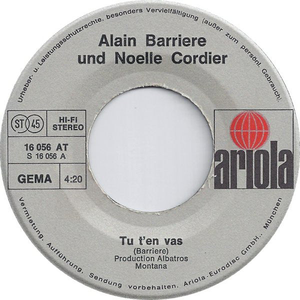 Alain Barriere* : Tu T'en Vas / Un Poete (7", Single)