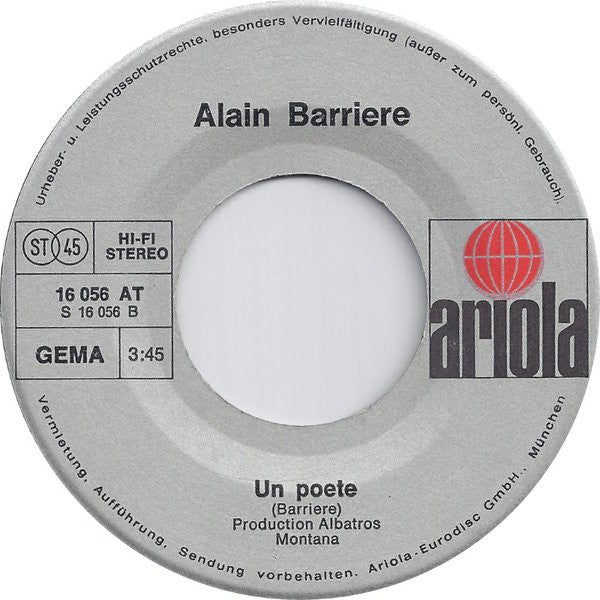 Alain Barriere* : Tu T'en Vas / Un Poete (7", Single)