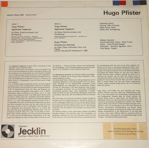 Hugo Pfister − Camerata Zürich, Räto Tschupp, Stalder-Quintett, Zürich : Ägäisches Tagebuch / Ottobeuren-Quintett (LP)