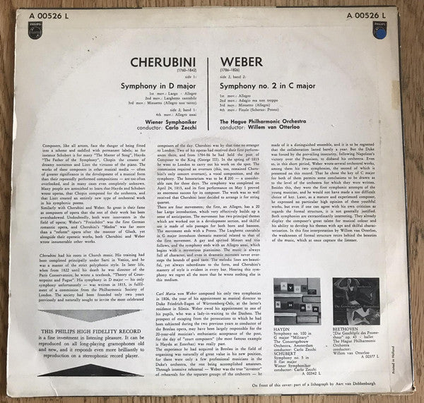Luigi Cherubini / Carl Maria von Weber - Wiener Symphoniker, Carlo Zecchi / The Hague Philharmonic, Willem Van Otterloo : Symphony In D Major / Symphony No. 2 In C Major (LP, Mono)