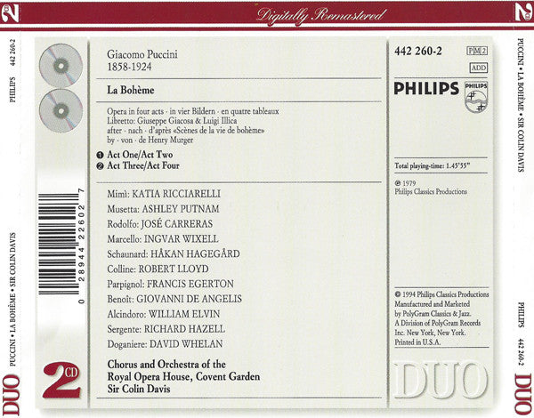 Giacomo Puccini, Katia Ricciarelli • José Carreras • Ashley Putnam • Ingvar Wixell • Håkan Hagegård • Robert Lloyd (4), Royal Opera House, Covent Garden, Sir Colin Davis : La Bohème (2xCD, RM)