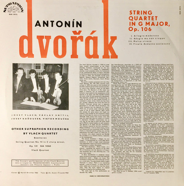 Antonín Dvořák, Vlach Quartet : String Quartet In G Major, Op. 106 (LP, Album, Mono)
