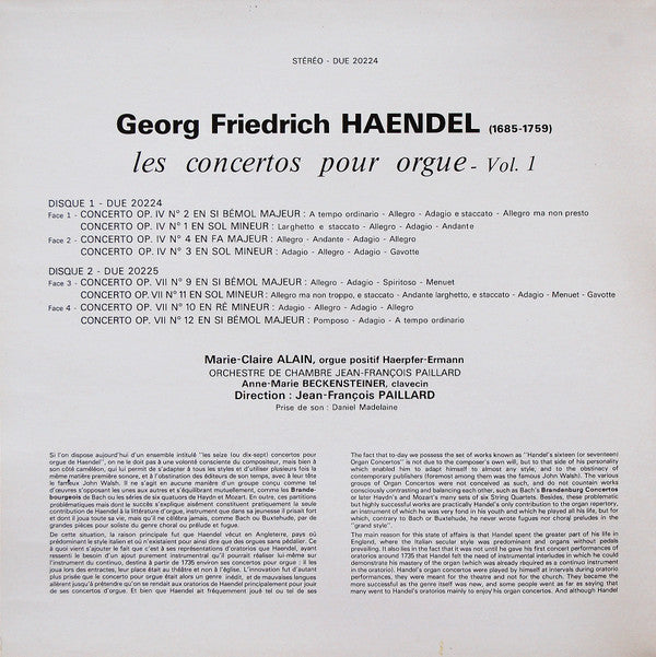 Georg Friedrich Händel, Marie-Claire Alain, Orchestre De Chambre Jean-François Paillard : Les Concertos Pour Orgue - Vol. 1 (2xLP, Album, Comp, RE)