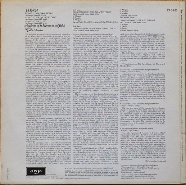 Johann Sebastian Bach - The Academy Of St. Martin-in-the-Fields, Sir Neville Marriner : Concertos (LP)