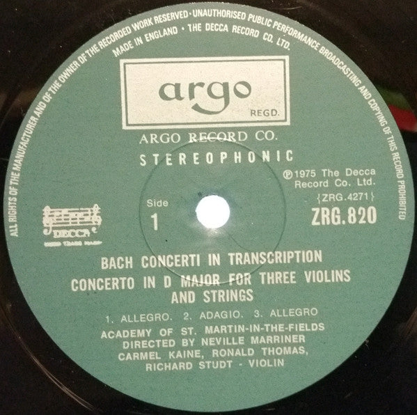 Johann Sebastian Bach - The Academy Of St. Martin-in-the-Fields, Sir Neville Marriner : Concertos (LP)