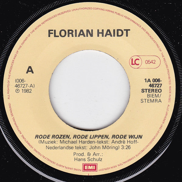 Florian Haidt : Rode Rozen, Rode Lippen, Rode Wijn (7", Single)