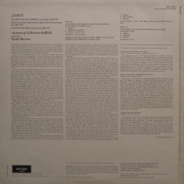 J.S. Bach* - Academy Of St. Martin-in-the-Fields*, Neville Marriner* : Concertos (LP)