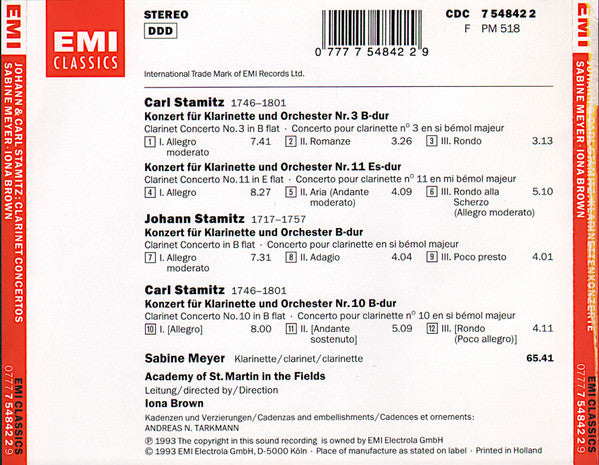 Jan Václav Antonín Stamic & Carl Stamitz - Sabine Meyer, The Academy Of St. Martin-in-the-Fields, Iona Brown : Klarinettenkonzerte = Clarinet Concertos = Concertos Pour Clarinette (CD, Album)