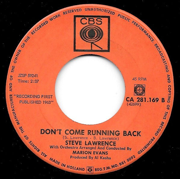 Steve Lawrence (2) : Don't Be Afraid, Little Darlin'  (7", Single)