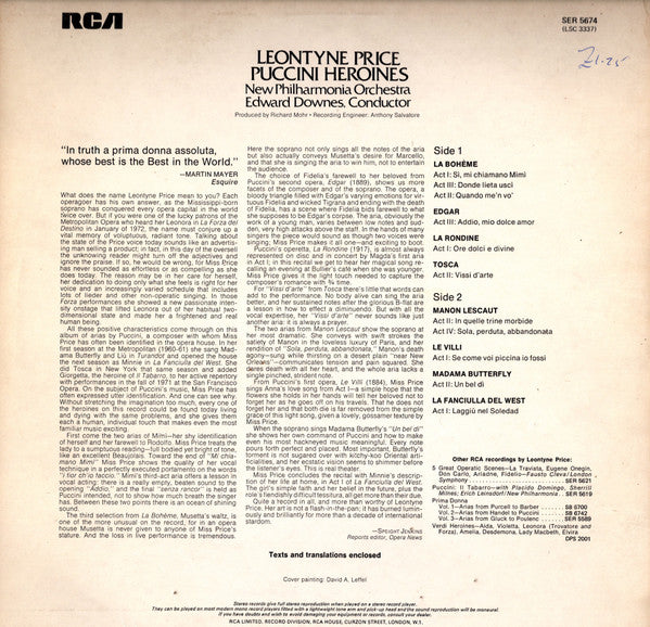 Puccini*, Leontyne Price, New Philharmonia Orchestra, Edward Downes : Puccini Heroines (LP)