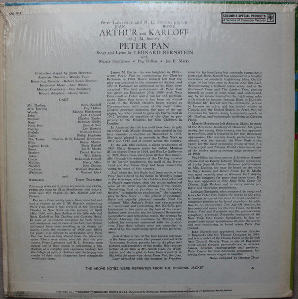 J. M. Barrie* - Jean Arthur And Boris Karloff Songs And Lyrics By Leonard Bernstein : J. M. Barrie's Peter Pan (LP, Album, RE)