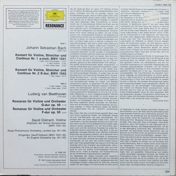 David Oistrach - Johann Sebastian Bach / Ludwig Van Beethoven : Violinkonzerte Nr. 1+2 / Romanzen Nr. 1+2 (LP, Album, Comp)