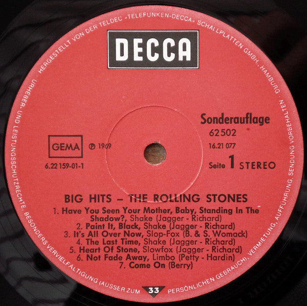 The Rolling Stones : Big Hits (High Tide And Green Grass) (LP, Comp, Club, RE)