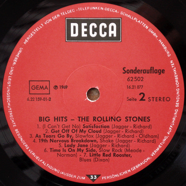 The Rolling Stones : Big Hits (High Tide And Green Grass) (LP, Comp, Club, RE)