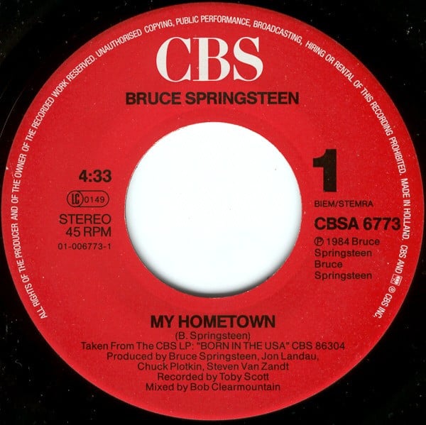 Bruce Springsteen : My Hometown (7", Single)
