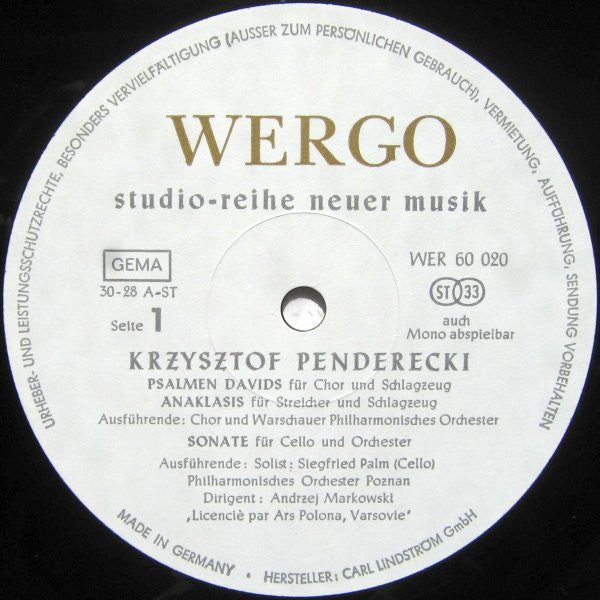 Krzysztof Penderecki :  Psalmen Davids ‧ Anaklasis ‧ Sonate Für Cello Und Orchester ‧ Fluorescences ‧ Stabat Mater (LP, Album)