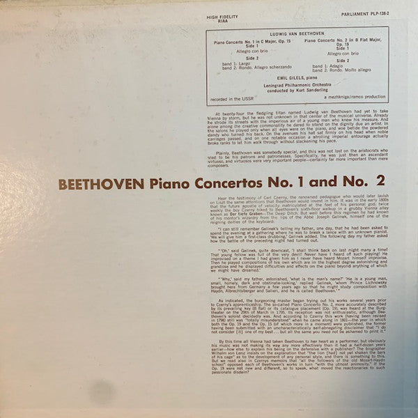 Ludwig van Beethoven, Leningrad Philharmonic Orchestra, Kurt Sanderling, Emil Gilels : Piano Concerto No. 1 In C Major, Op. 15, Piano Concerto No. 2 In B Flat Major, Op. 19 (2xLP, Album, Mono)