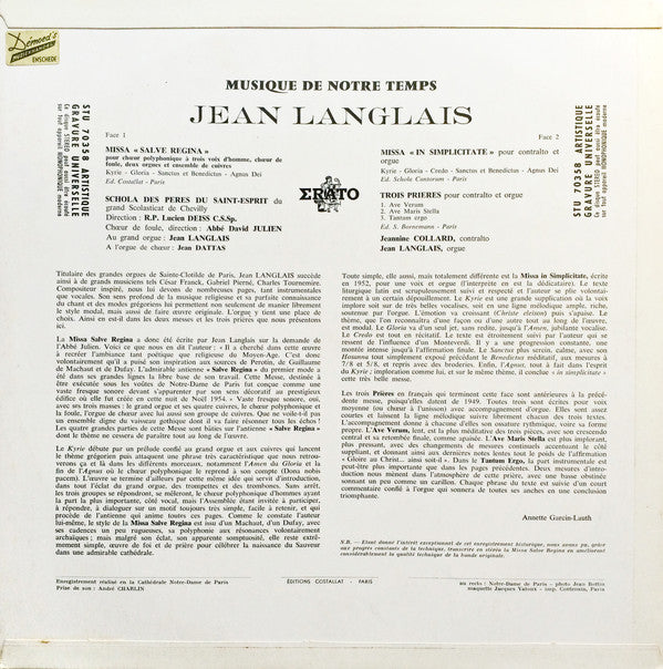 Jean Langlais, Schola Des Pères Du Saint-Esprit De Chevilly : Missa Salve Regina (LP)