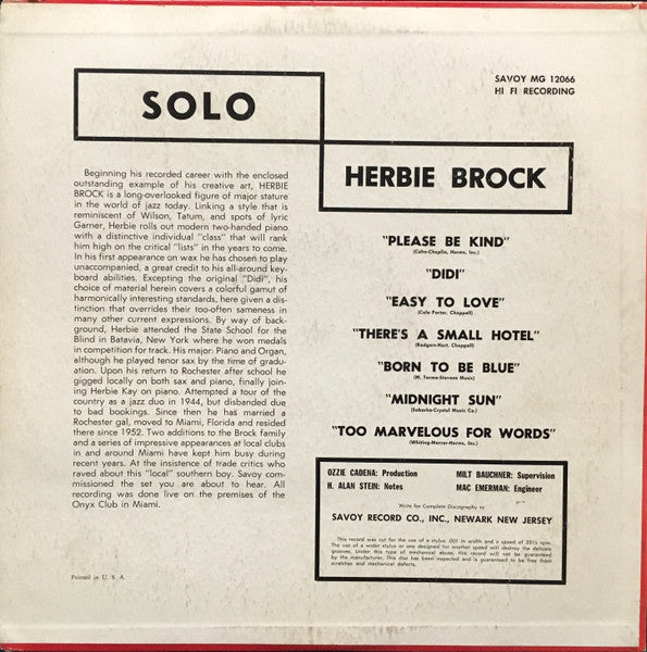 Herbie Brock : Solo - At The Piano (LP, Album)