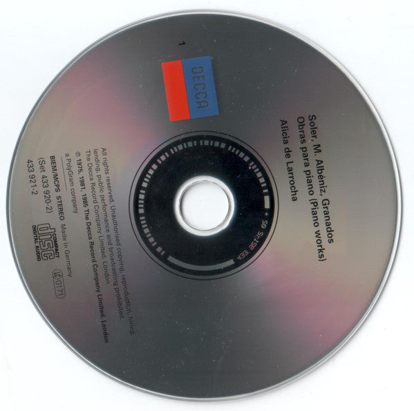 Enrique Granados, Padre Antonio Soler, Mateo Albéniz, Alicia De Larrocha : Música Española - Música Para Piano 1 - Alicia De Larrocha (2xCD, Comp, RE)