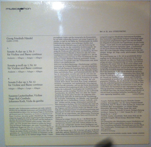 Georg Friedrich Händel, Susanne Lautenbacher, Hugo Ruf, Johannes Koch : Susanne Lautenbacher, Hugo Ruf, Johannes Koch Spielen Sechs Sonaten Für Violine Und Basso Continuo Von Georg Friedrich Händel (Folge I) (LP, RE)