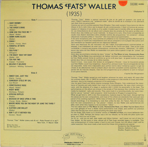 Fats Waller : Thomas «Fats» Waller (1935) Volume 1 (LP, Comp)