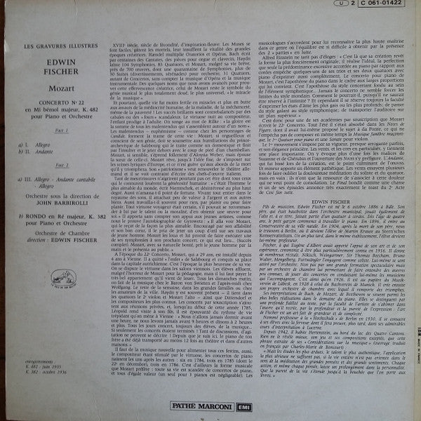 Edwin Fischer / Wolfgang Amadeus Mozart : Concerto Pour Piano N° 22 En Mi Bémol Majeur K. 482 / Rondo En Ré Majeur K. 382 (LP, RE)