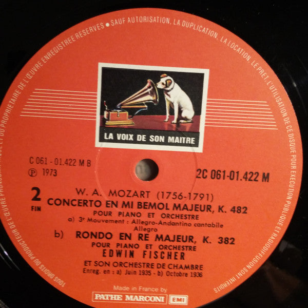 Edwin Fischer / Wolfgang Amadeus Mozart : Concerto Pour Piano N° 22 En Mi Bémol Majeur K. 482 / Rondo En Ré Majeur K. 382 (LP, RE)