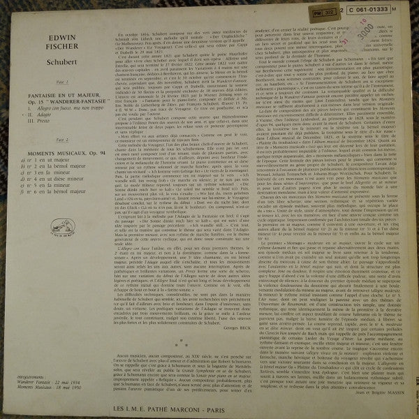 Edwin Fischer - Franz Schubert : Fantaisie En Ut Majeur, Op. 15 "Wanderer Fantaisie" / Moments Musicaux Op. 94 (LP, Mono, RE)