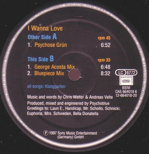 Psychoblue : I Wanna Love (12")