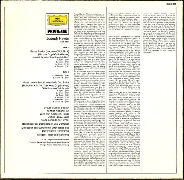 Regensburger Domspatzen, Regensburger Domchor, Theobald Schrems • Joseph Haydn : Grosse Orgel-Solo-Messe Es-Dur • Kleine Orgelmesse B-Dur (LP, RE)