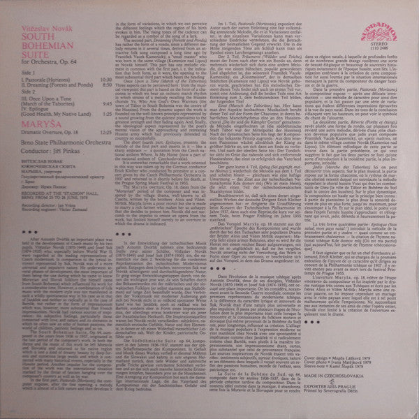 Vítězslav Novák - Brno State Philharmonic Orchestra, Jiří Pinkas : South Bohemian Suite / Maryša Overture (LP)