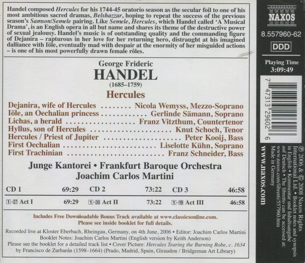 Georg Friedrich Händel, Nicola Wemyss, Gerlinde Sämann, Franz Vitzthum, Knut Schoch, Peter Kooij, Liselotte Kühn, Franz Schneider (3), Junge Kantorei, Barockorchester Frankfurt, Joachim Carlos Martini : Hercules (A Musical Drama) (3xCD, Album)