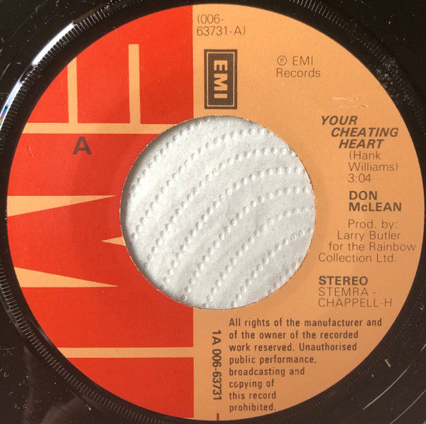 Don McLean : Your Cheating Heart / Wonderful Night (7", Single)