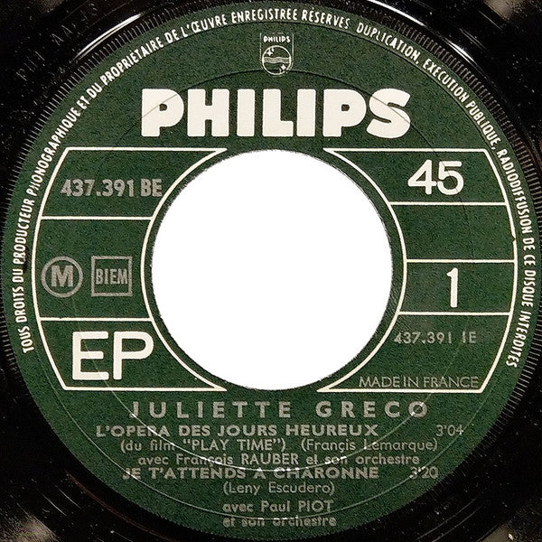 Juliette Gréco : L'Opéra Des Jours Heureux (7", EP, Mono)