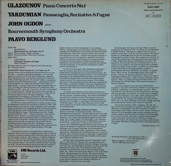 Alexander Glazunov / Richard Yardumian / John Ogdon / Bournemouth Symphony Orchestra / Paavo Berglund : Piano Concerto No. 1 / Passacaglia, Recitative & Fugue (LP, Album, Quad)