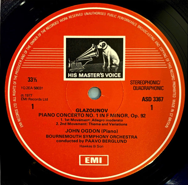 Alexander Glazunov / Richard Yardumian / John Ogdon / Bournemouth Symphony Orchestra / Paavo Berglund : Piano Concerto No. 1 / Passacaglia, Recitative & Fugue (LP, Album, Quad)