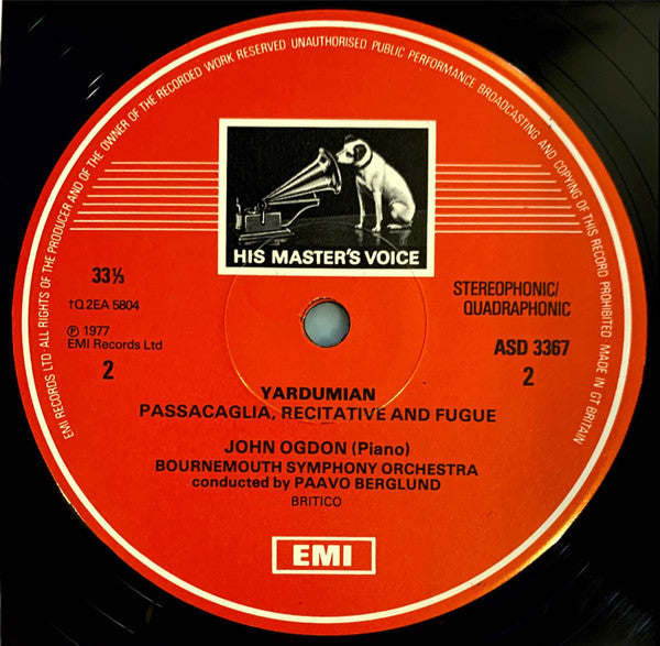 Alexander Glazunov / Richard Yardumian / John Ogdon / Bournemouth Symphony Orchestra / Paavo Berglund : Piano Concerto No. 1 / Passacaglia, Recitative & Fugue (LP, Album, Quad)
