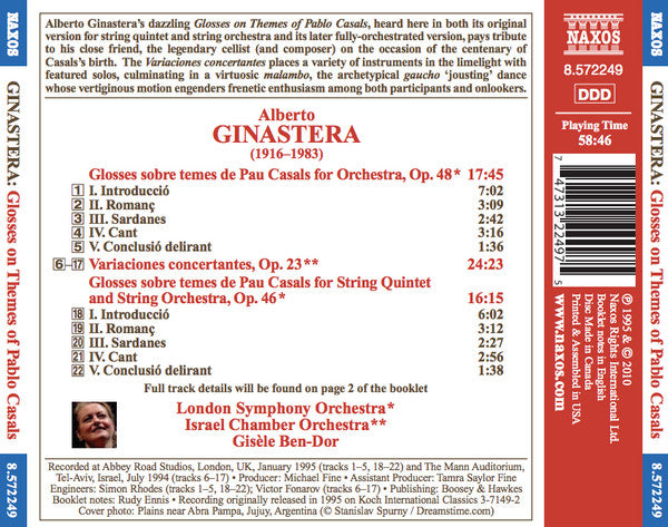 Alberto Ginastera, London Symphony Orchestra, Israel Chamber Orchestra, Gisèle Ben-Dor : Glosses On Themes Of Pablo Casals | Variaciones Concertantes (CD, RE)