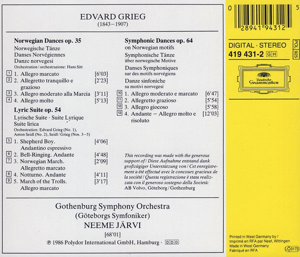 Edvard Grieg, Göteborgs Symfoniker, Neeme Järvi : Symphonic Dances Op.64 • Norwegian Dances Op .35 • Lyric Suite Op. 54 (CD)