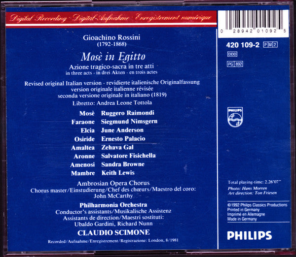 Rossini*, Raimondi*, Nimsgern*, Anderson*, Philharmonia Orchestra, Claudio Scimone : Mosè In Egitto (2xCD, RE, RM)