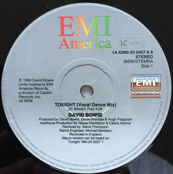 David Bowie : Tonight (Vocal Dance Mix) (12", Maxi)