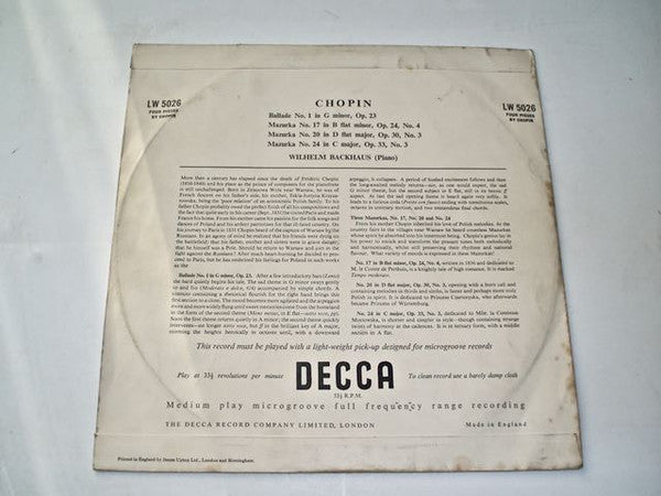 Wilhelm Backhaus : Chopin (10")
