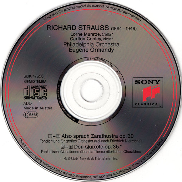 Richard Strauss, Carlton Cooley, Lorne Munroe, The Philadelphia Orchestra, Eugene Ormandy : Also Sprach Zarathustra = Thus Spake Zarathoustra = Ainsi Parlait Zarathoustra / Don Quixote = Don Quichotte  (CD, Comp, RM)