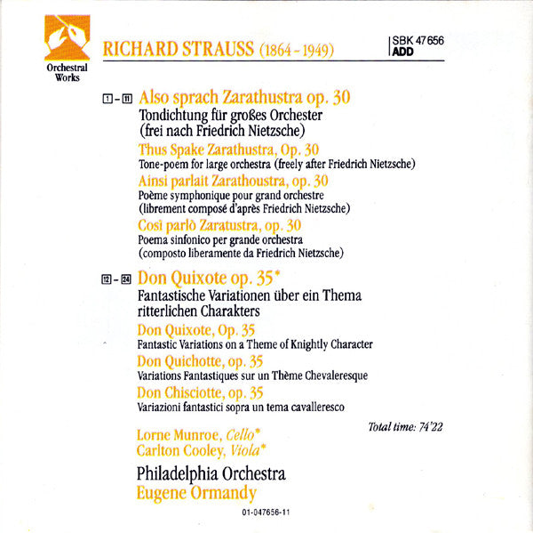 Richard Strauss, Carlton Cooley, Lorne Munroe, The Philadelphia Orchestra, Eugene Ormandy : Also Sprach Zarathustra = Thus Spake Zarathoustra = Ainsi Parlait Zarathoustra / Don Quixote = Don Quichotte  (CD, Comp, RM)