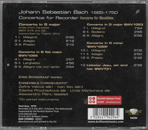 Erik Bosgraaf, Johann Sebastian Bach : J.S. Bach Concertos For Recorder (CD, Album)