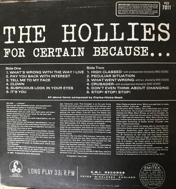 The Hollies : For Certain Because... (LP, Album)