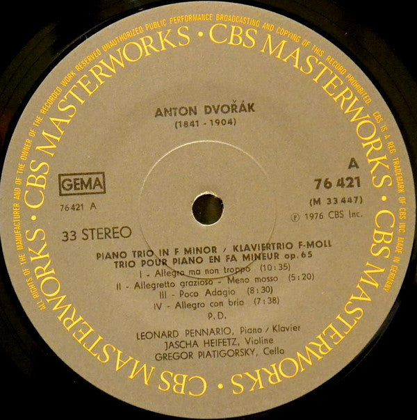 Jascha Heifetz – Gregor Piatigorsky ; Antonín Dvořák / Igor Stravinsky / Reinhold Glière / Georg Friedrich Händel, Johan Halvorsen : Piano Trio, Op. 65 / Suite Italienne / Duo / Passacaglia (LP, Gat)