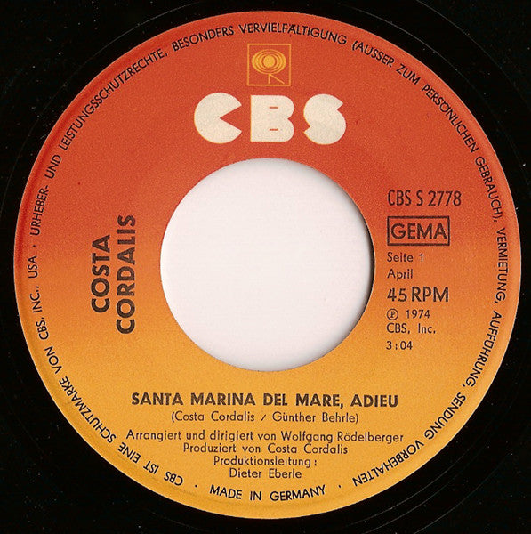 Costa Cordalis : Santa Marina Del Mare, Adieu (7", Single)