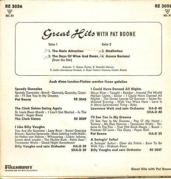 Pat Boone : Great Hits With Pat Boone (7", EP, Mono)